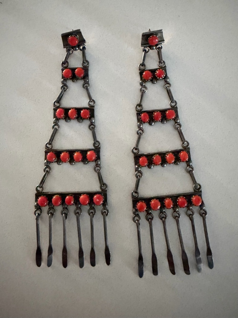 Zuni Coral & Sterling Silver Vintage Chandelier Earrings